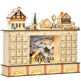 HOMCOM Christmas Advent Calendar, Light Up Table Xmas Wooden Store Holiday Decoration with Countdown Drawer, Village, for Kids and Adults, Natura