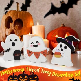 Halloween Decorations Indoor, Wooden Tiered Tray Decor Table Sign Set of 3 (Color: B-Ghost)