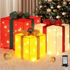 3 Pieces Large Gift Boxes for Christmas Decorations Outdoor, 10" 8" 6" with Pre-lit 70 LED Mini String Lights (Color: Red/White/Yellow)