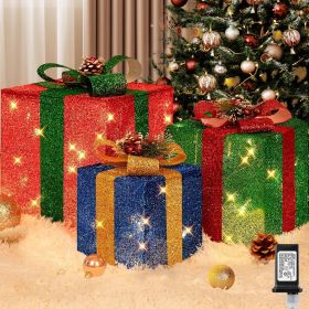 3 Pieces Large Gift Boxes for Christmas Decorations Outdoor, 10" 8" 6" with Pre-lit 70 LED Mini String Lights (Color: Red/Green/Blue)